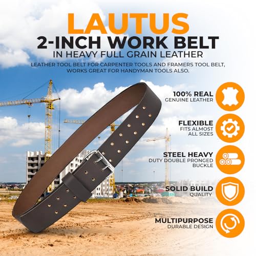 LAUTUS 2" Leather Tool Belt – Heavy Duty Genuine Top-Grain Leather Work Belt with Double Prong Buckle, Adjustable 30"-46" Waist, Carpenter & Electrician Construction Belt - Image 4