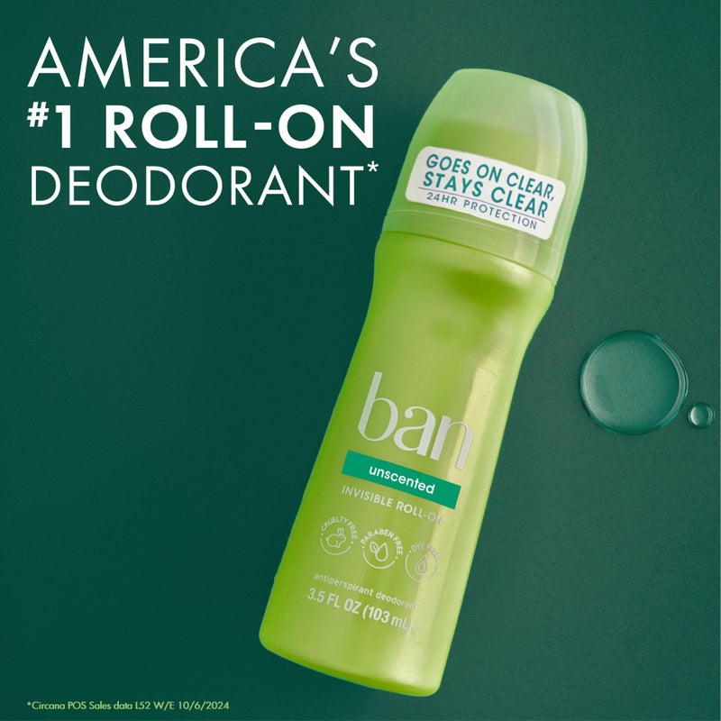 Ban Invisible Roll-on Antiperspirant Deodorant for Women and Men, 24-hour Underarm Odor & Sweat Protection, Unscented, 3.5 Oz, Pack of 2 - Image 5