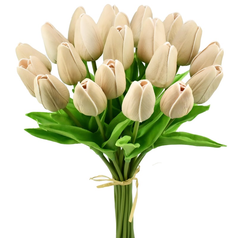 Mandy's Artificial Tulips 20 Stems Light Brown PU Faux Flowers for Valentine's Day and Easter Decorations Wedding Home Decor 13.5 Inch - Image 1