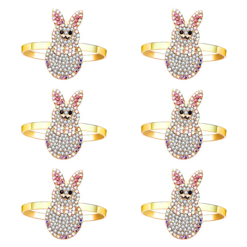 NVENF 6PCS Easter Napkin Rings Enamel Egg Bunny Napkin Holder Rings for Dinner Table Decor Cute Rabbit Metal Napkin Ring Set for Banquet Party Table Place Setting (6PCS Rhinestone Bunny1) - Image 2