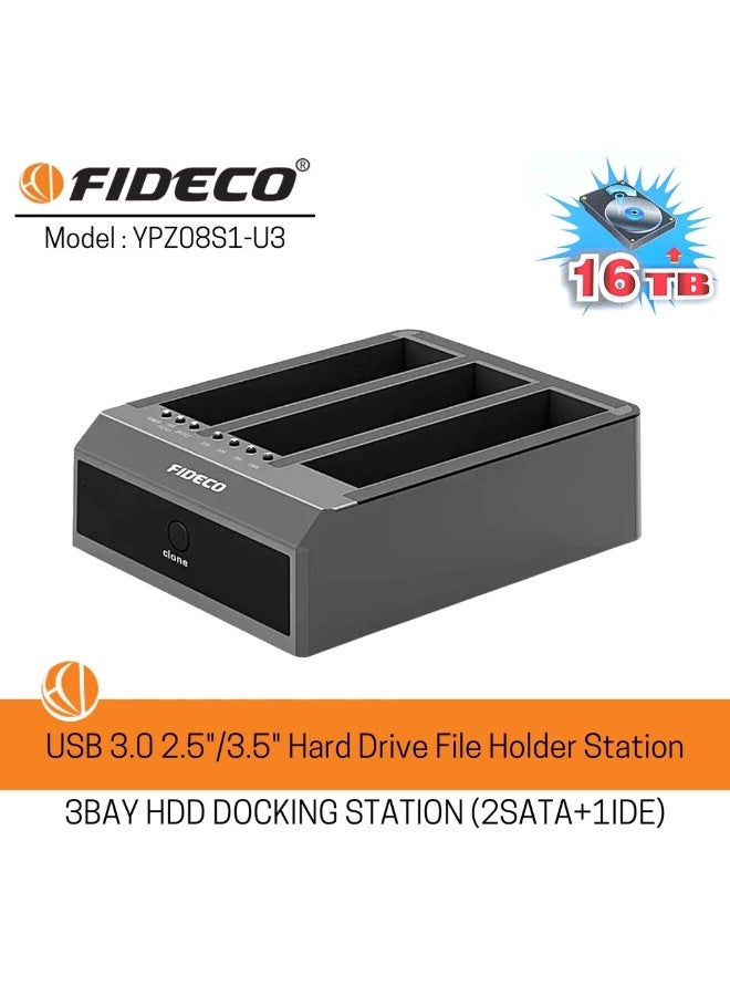 FIDECO USB 3.0 3-Bay HDD SSD Docking Station YPZ08-SI-U3 with 2 SATA + 1 IDE, Offline Clone, Supports up to 16TB - Image 1