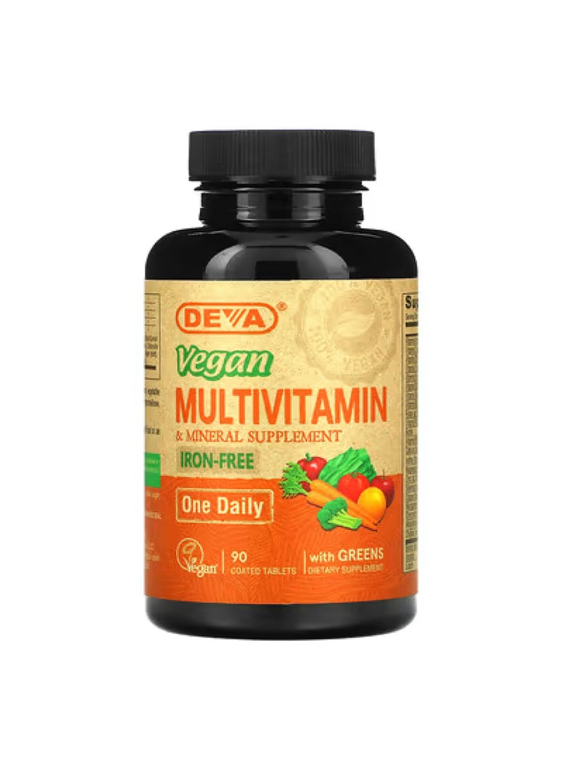 Deva Vegan Multivitamin & Mineral Supplement with Greens, Iron Free, 90 Coated Tablets