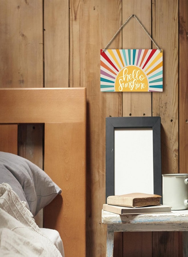 PHAMTE Hello Sunshine Vintage Boho Sun Sunrise Colorful Sunshine Sunray Printed Wood Plaque Sign Wall Hanging,Modern Mid Century Sunshine Hanging Wall Signs for Bohemian Home Room Dorm Decor 12 x 6 Inches - Image 2
