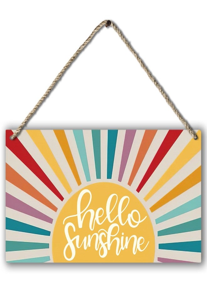 PHAMTE Hello Sunshine Vintage Boho Sun Sunrise Colorful Sunshine Sunray Printed Wood Plaque Sign Wall Hanging,Modern Mid Century Sunshine Hanging Wall Signs for Bohemian Home Room Dorm Decor 12 x 6 Inches - Image 1