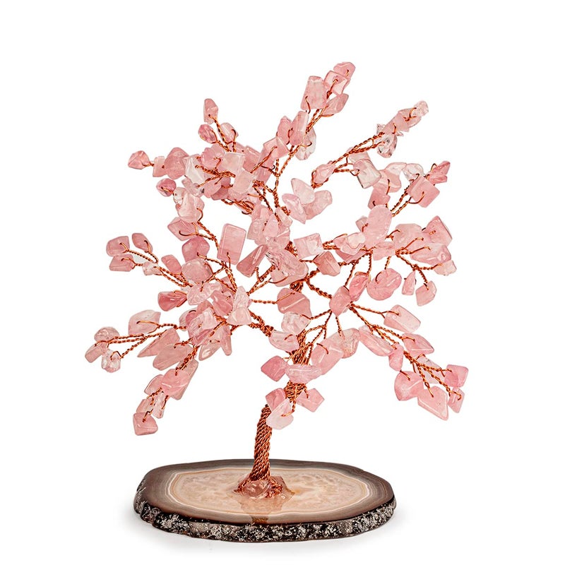 KARMA AND LUCK Love Harmony Oasis Real Rose Quartz Crystal Feng Shui Tree Home Decor Wrapped with Copper on Agate Base Handmade in Bali Small 6
