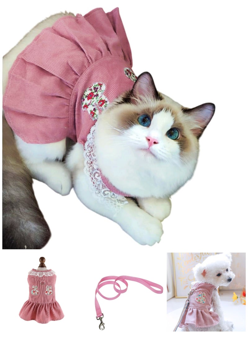 A.M Small Dog Cat Frock, Lace Corduroy Dog Skirt Dress Cute Rabbit Head Harness with D Ring Dress for Cat Puppy ShishTzu, Pug, Maltese - Image 1