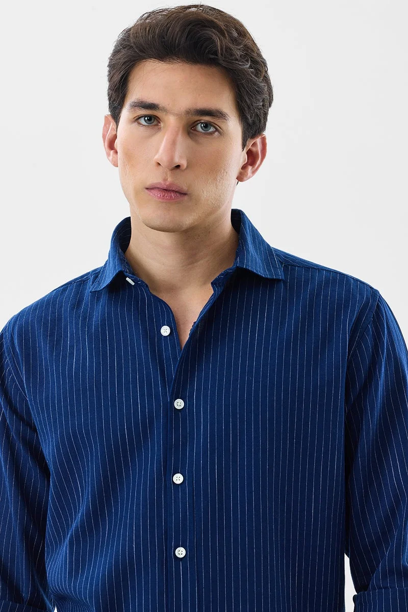 SNITCH Navy Striped Long Sleeve Slim Fit Shirt