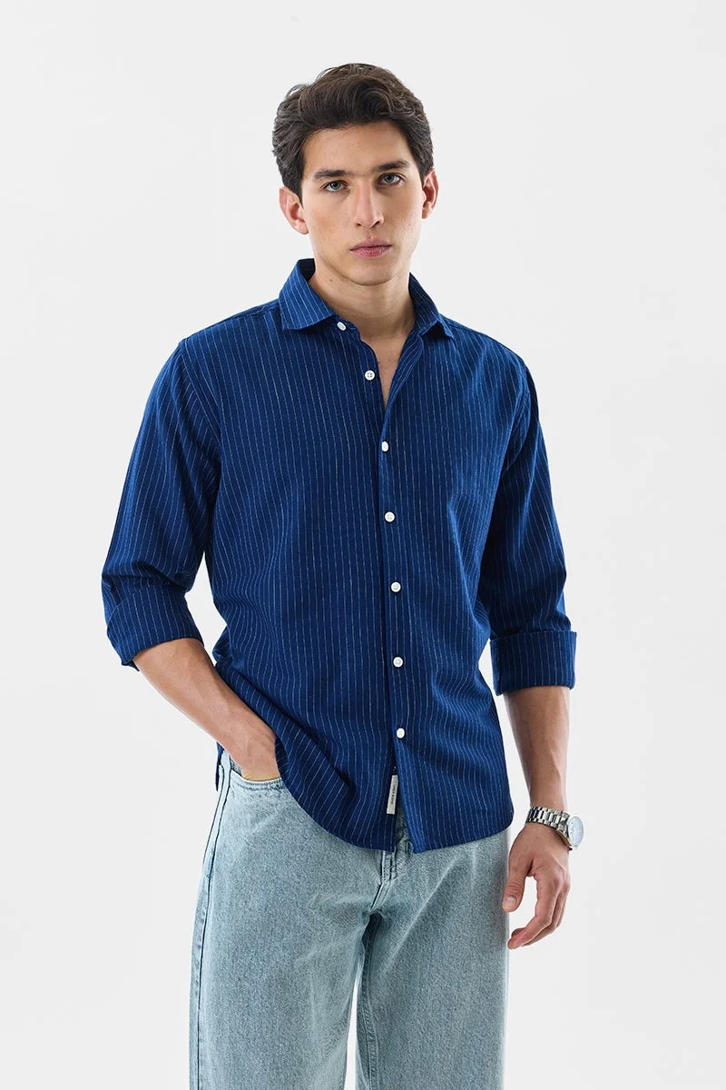 SNITCH Navy Striped Long Sleeve Slim Fit Shirt
