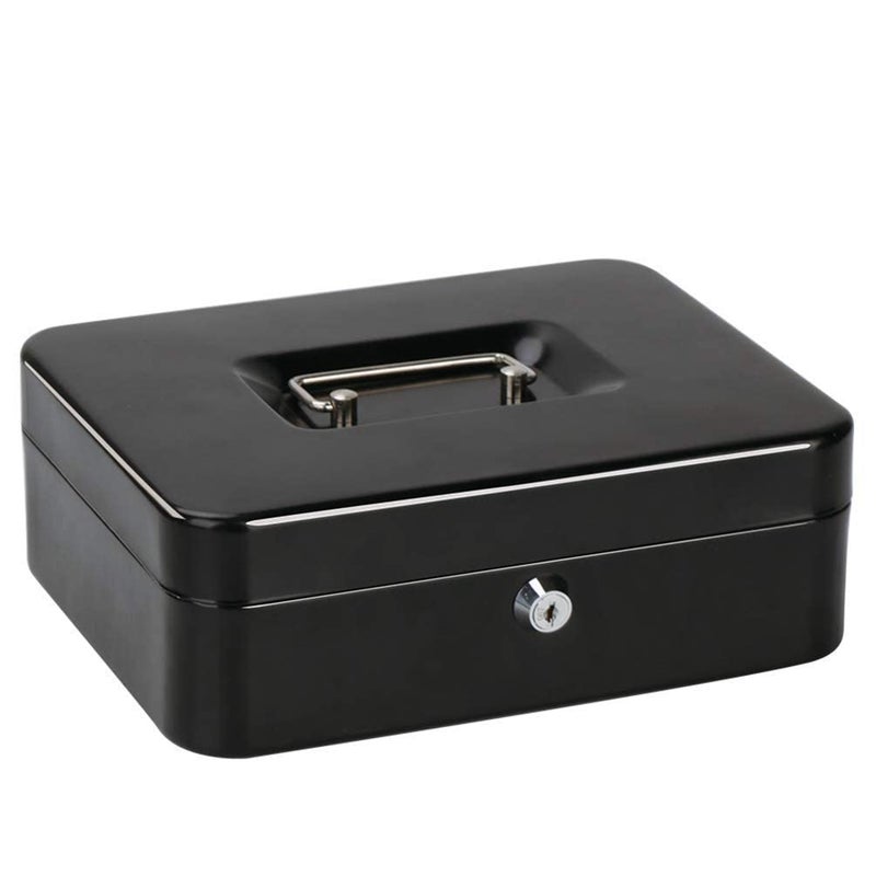 Grofilo 10 Inch Key Lock Metal Cash Box With Coin Trey For Security Money Saving Organizer Black - Image 1