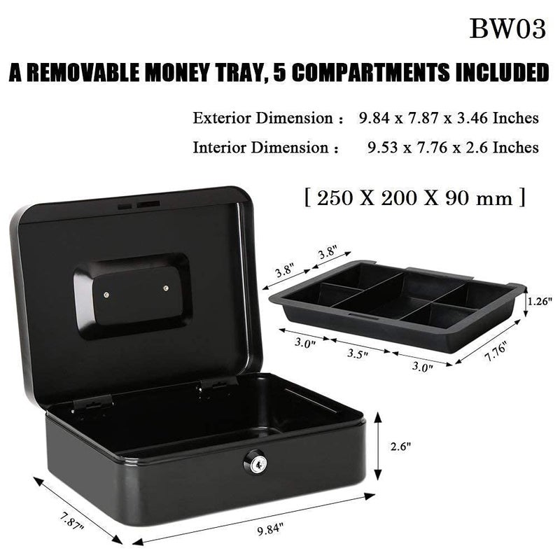 Grofilo 10 Inch Key Lock Metal Cash Box With Coin Trey For Security Money Saving Organizer Black - Image 2