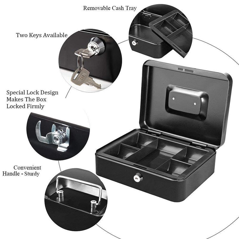 Grofilo 10 Inch Key Lock Metal Cash Box With Coin Trey For Security Money Saving Organizer Black - Image 4
