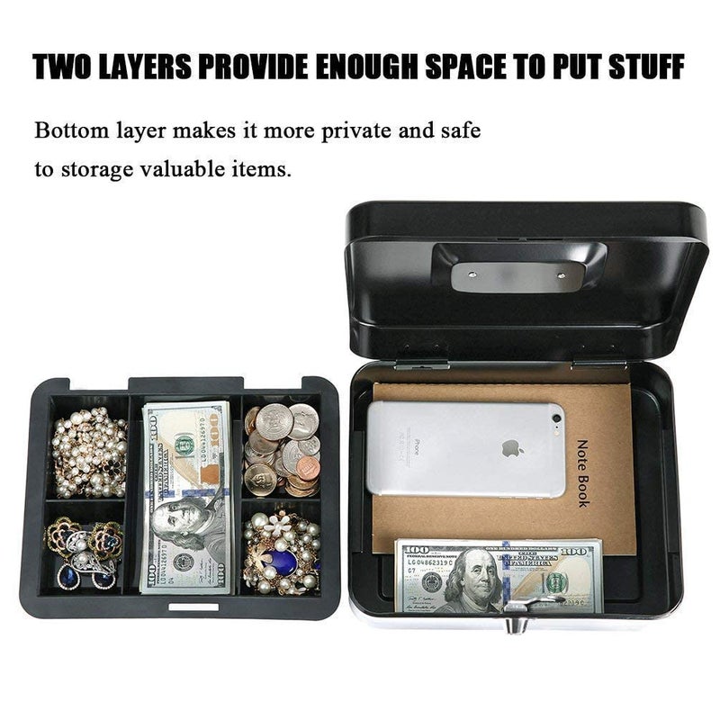 Grofilo 10 Inch Key Lock Metal Cash Box With Coin Trey For Security Money Saving Organizer Black - Image 3