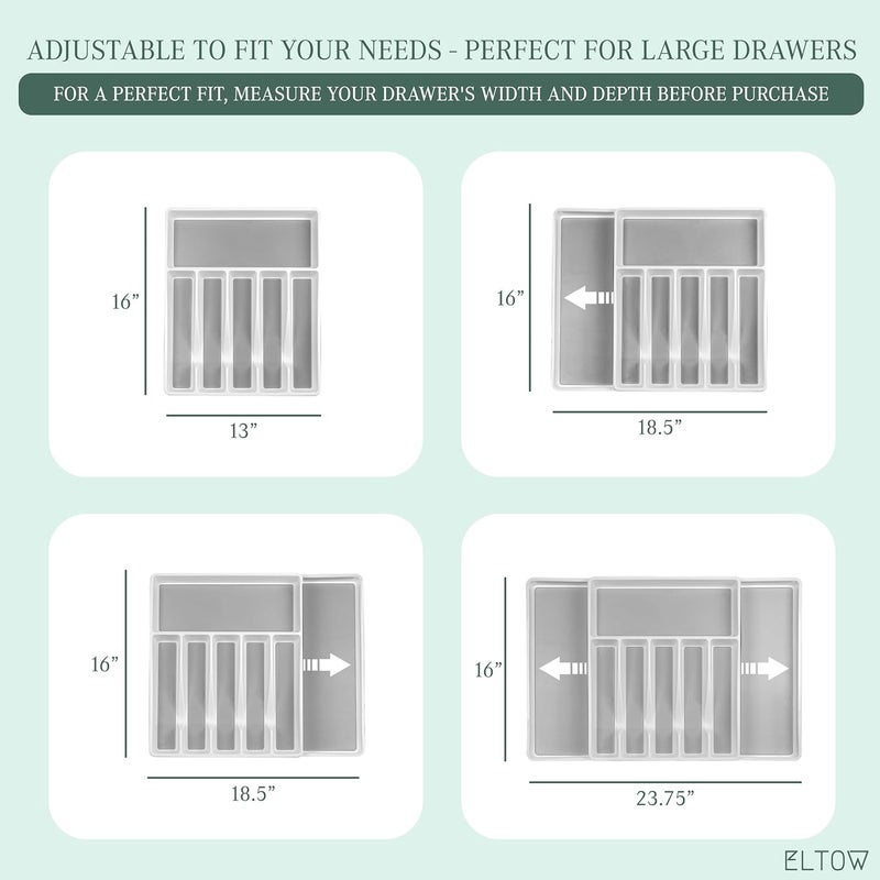 ELTOW Expandable Silverware Drawer Organizer, 8 Compartment Non-Slip & Adjustable Silverware Trays for Kitchen Drawers, Kitchen Organization for Utensils, Cutlery, Flatware Storage - White - Image 2
