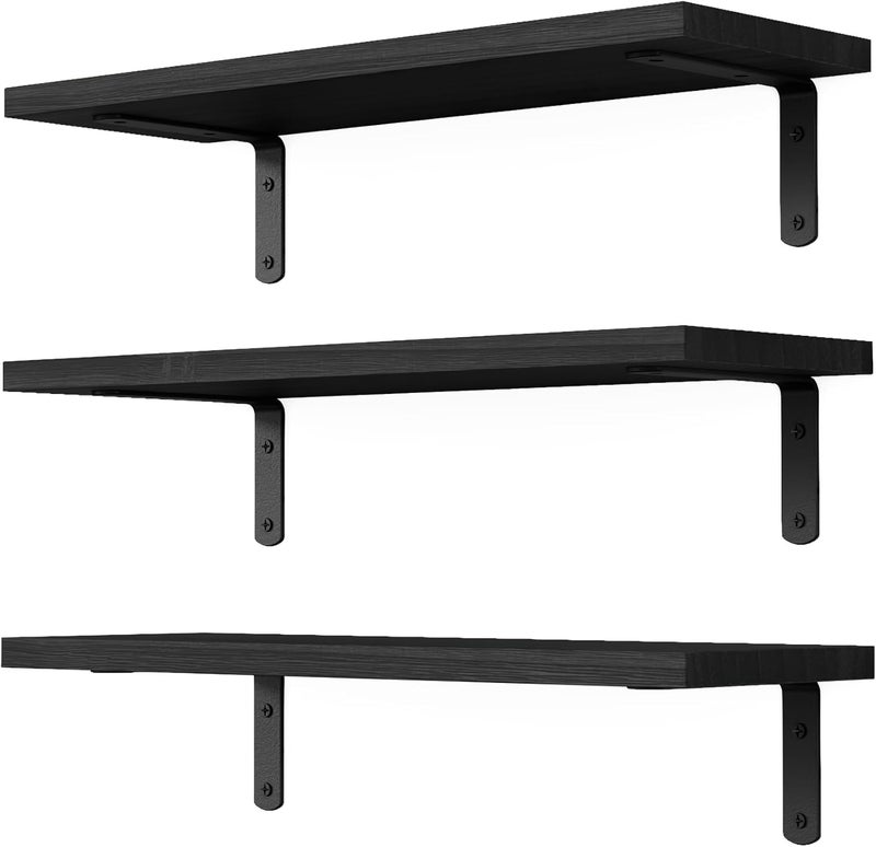 DOLLFIO Wall Shelves, 3 Sets, Floating Wooden Shelves for Bathroom, Bedroom, Living Room, Storage - Black - Image 1