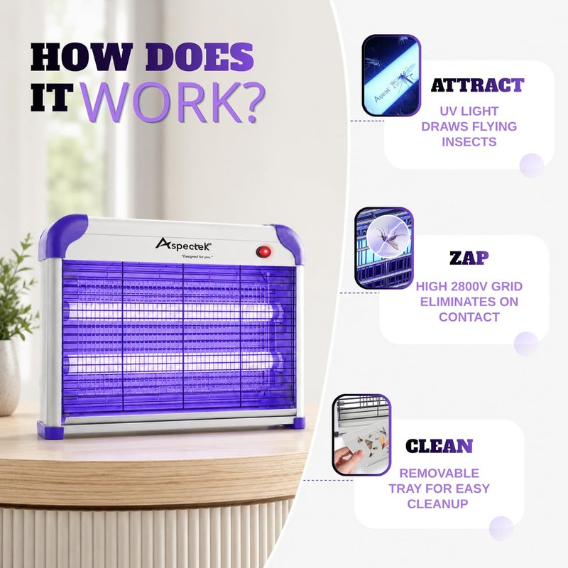 ASPECTEK Purple Electric Insect Killer, 2800V Mosquito Lamp with 20W UV Lamp. Kills Mosquitoes, Moths, Flies. Comes with 2 Replacement Bulbs, ideal for Household - Image 3