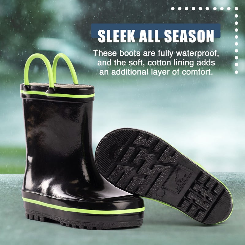NORTY Rubber Rain Boots for Kids - Waterproof Rubber Boots Boys and Girls Solid & Printed Rainboots for Toddlers and Kids - Black & Lime - Image 4