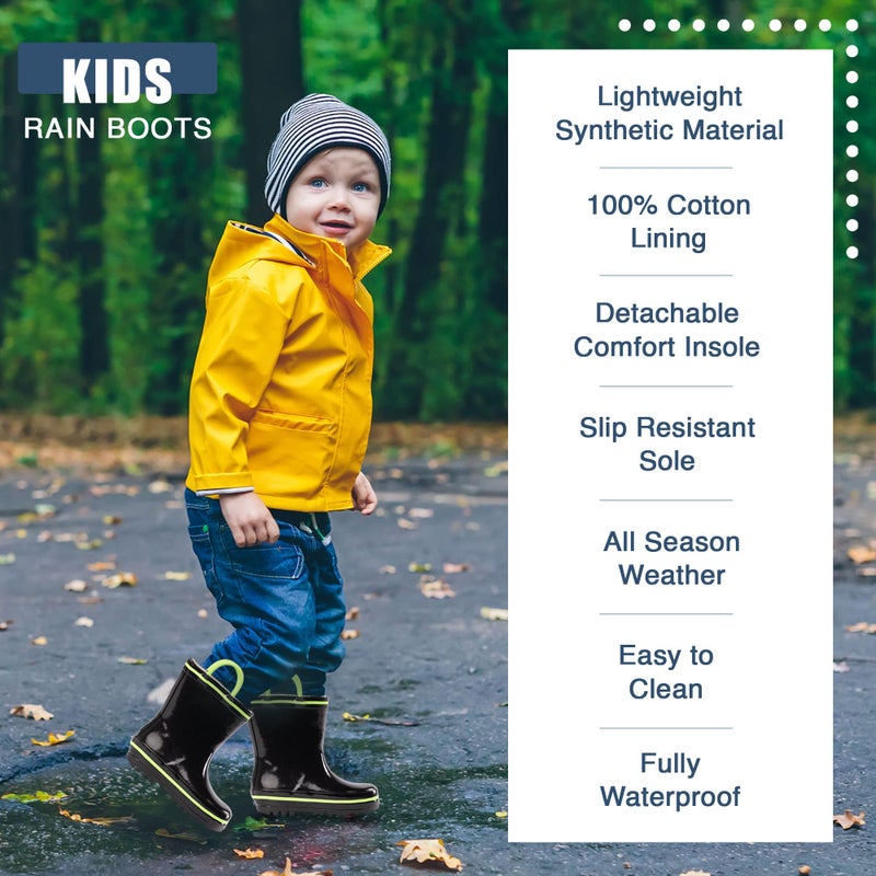 NORTY Rubber Rain Boots for Kids - Waterproof Rubber Boots Boys and Girls Solid & Printed Rainboots for Toddlers and Kids - Black & Lime - Image 2