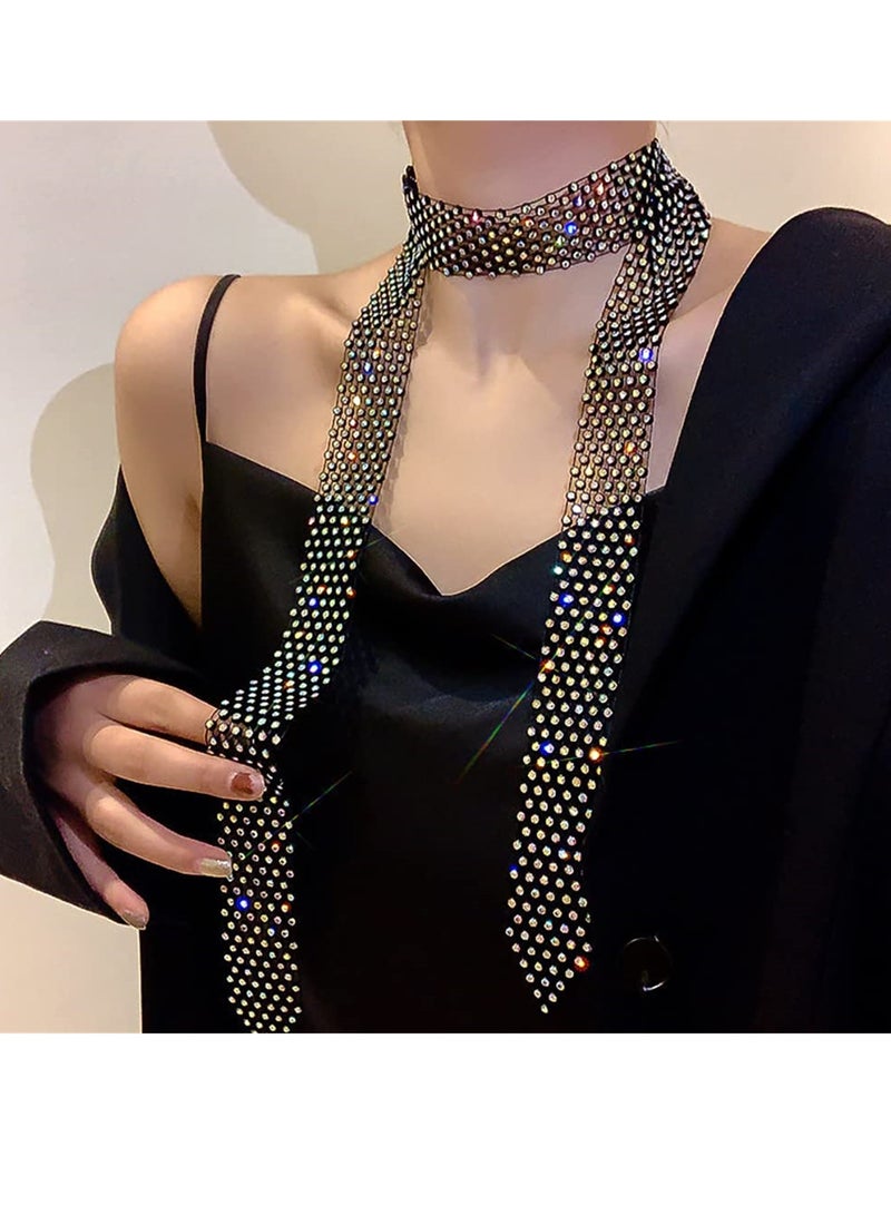 Rhinestone Neck Tie, Glittering Sparkle Long Thin Women's Scarf Necktie, Neckerchief Collar Decor - Image 2