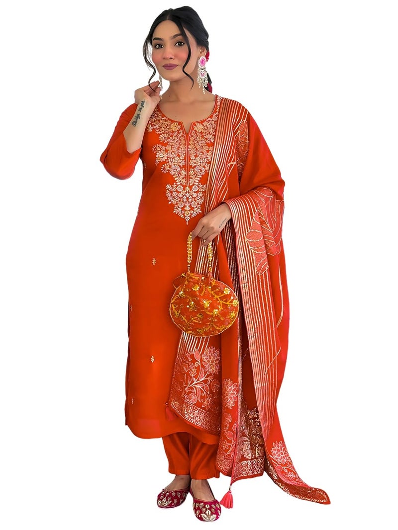 Naixa Women's Roman Silk Embroidered Straight Kurta with Pant and Dupatta Sets (NX-M-Pinkpari-Rust-S) - Image 1