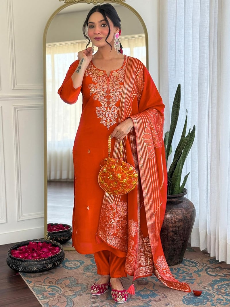 Naixa Women's Roman Silk Embroidered Straight Kurta with Pant and Dupatta Sets (NX-M-Pinkpari-Rust-S) - Image 2