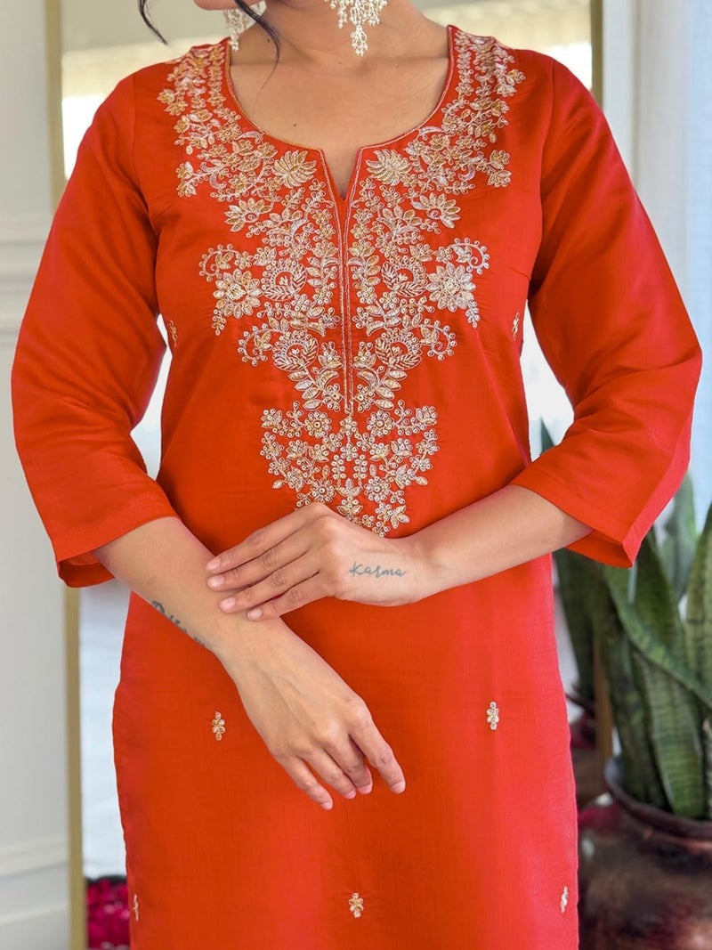 Naixa Women's Roman Silk Embroidered Straight Kurta with Pant and Dupatta Sets (NX-M-Pinkpari-Rust-S) - Image 5