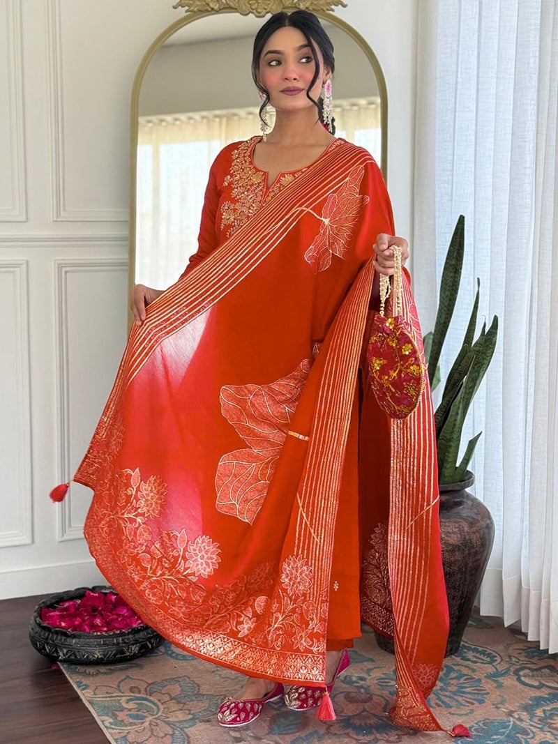 Naixa Women's Roman Silk Embroidered Straight Kurta with Pant and Dupatta Sets (NX-M-Pinkpari-Rust-S) - Image 3