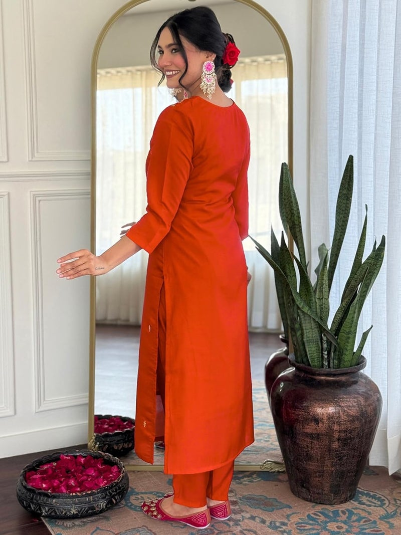Naixa Women's Roman Silk Embroidered Straight Kurta with Pant and Dupatta Sets (NX-M-Pinkpari-Rust-S) - Image 4