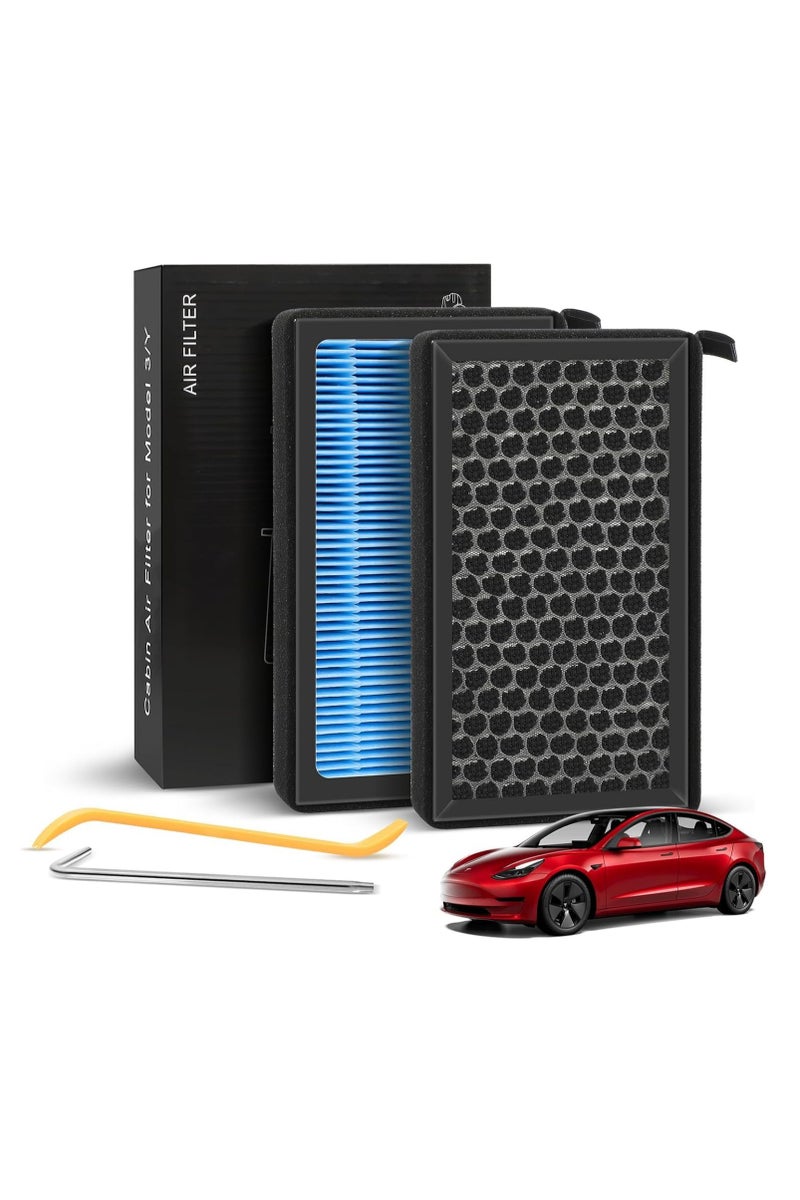 جفكام 2 قطعة فلتر هواء مقصورة تيسلا، فلتر هواء مقصورة تيسلا موديل 3 و موديل Y استبدال أصلي، مزود بفلتر HEPA وفحم نشط للحماية المزدوجة، يشمل أداة إزالة ومفك براغي - Image 1