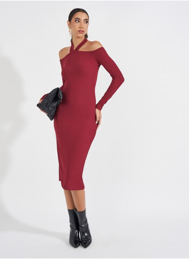 Styli Plain Cold Shoulder Sleeve Bodycon Midi Dress  - Image 1