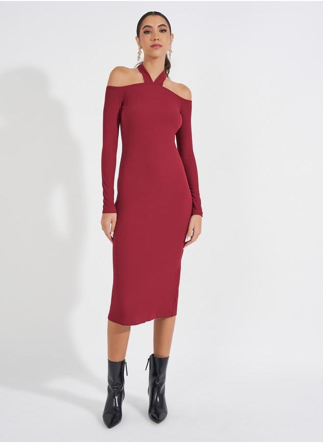 Styli Plain Cold Shoulder Sleeve Bodycon Midi Dress  - Image 3