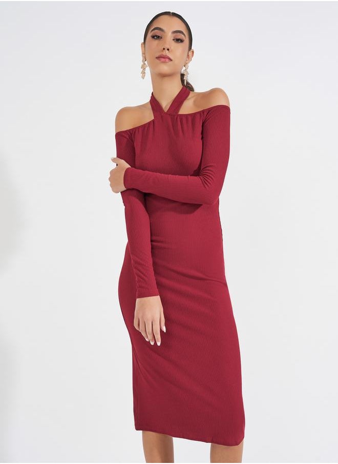 Styli Plain Cold Shoulder Sleeve Bodycon Midi Dress  - Image 2