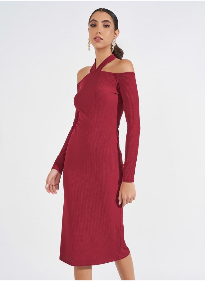 Styli Plain Cold Shoulder Sleeve Bodycon Midi Dress  - Image 5