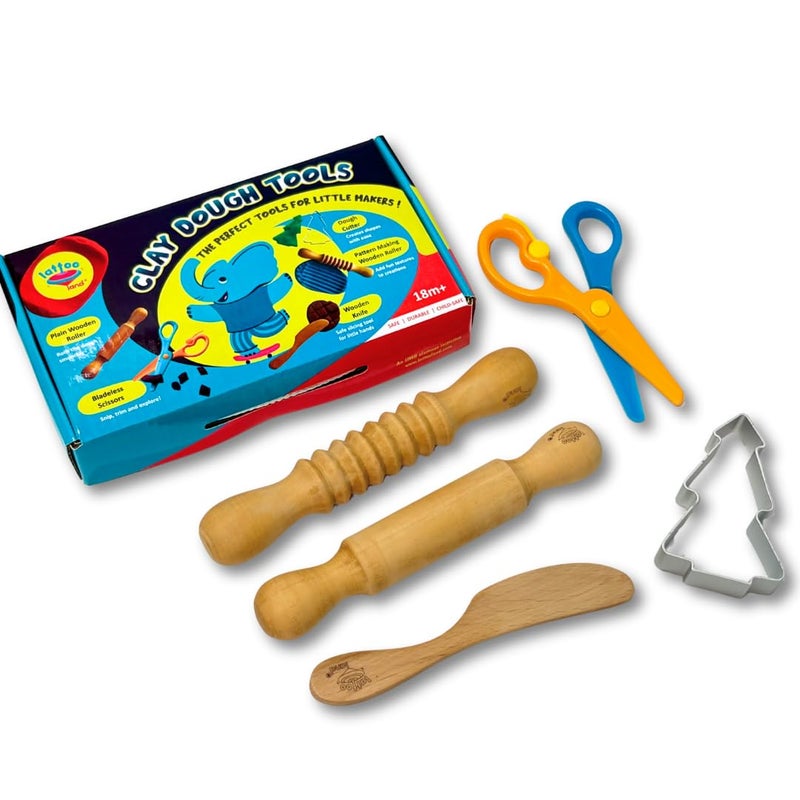 Lattooland Dough Tools Set of 5 Sculpting Tools to Roll Cut Flatten Wooden Rollers Knife ChildSafe Scissor Pretend Play Kitchen Clay Mould for Kids Ages 27 Art Craft - Image 3