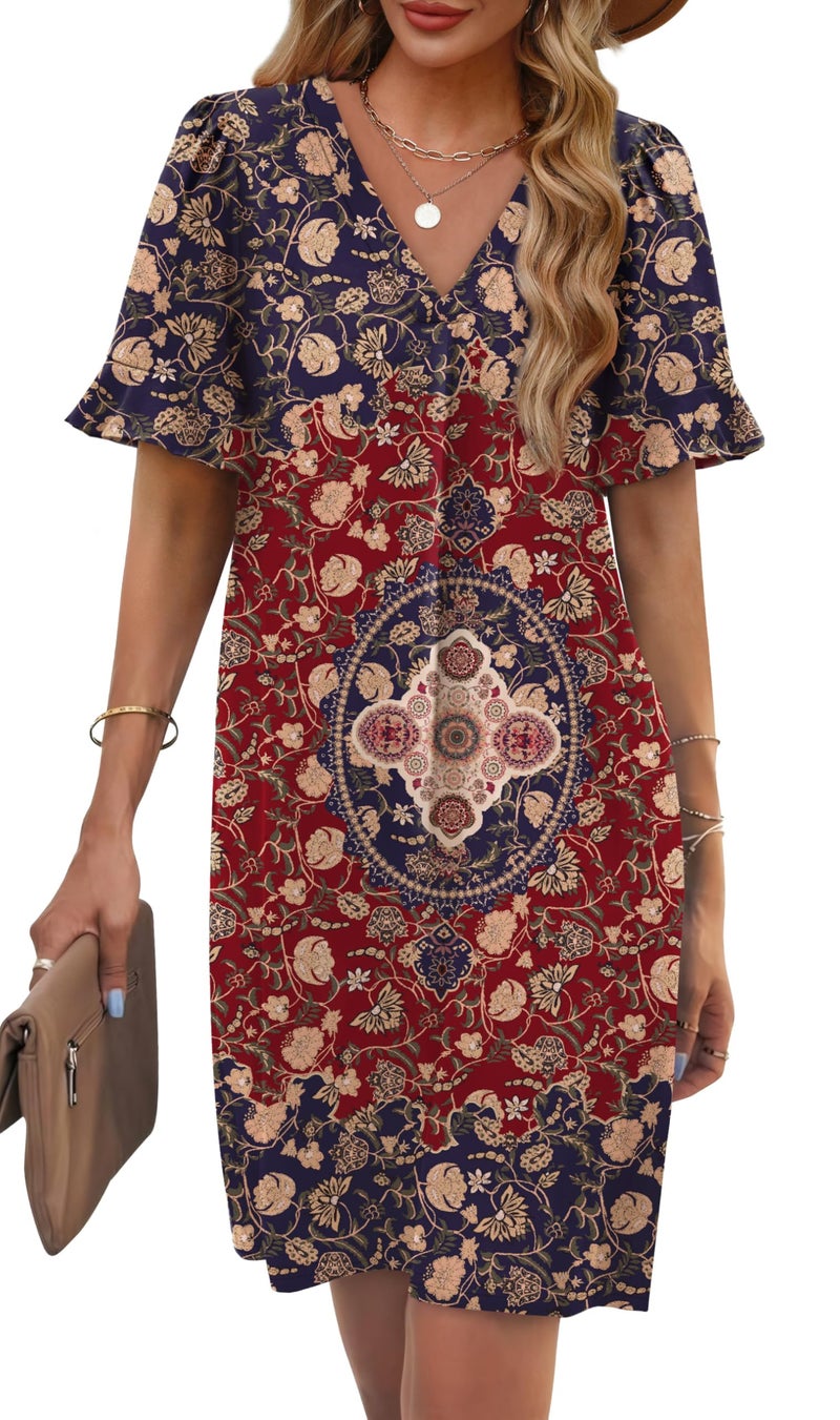 OFEEFAN Womens Boho Dresses Casual Summer 2026 V Neck Plus Size Dresses Short Sleeve Floral Dress for Women Midi Dress with Pockets 2XL - Image 2