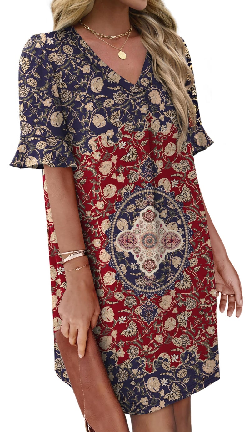 OFEEFAN Womens Boho Dresses Casual Summer 2026 V Neck Plus Size Dresses Short Sleeve Floral Dress for Women Midi Dress with Pockets 2XL - Image 3