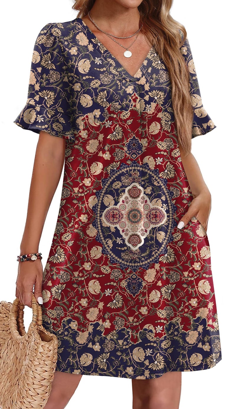 OFEEFAN Womens Boho Dresses Casual Summer 2026 V Neck Plus Size Dresses Short Sleeve Floral Dress for Women Midi Dress with Pockets 2XL - Image 1