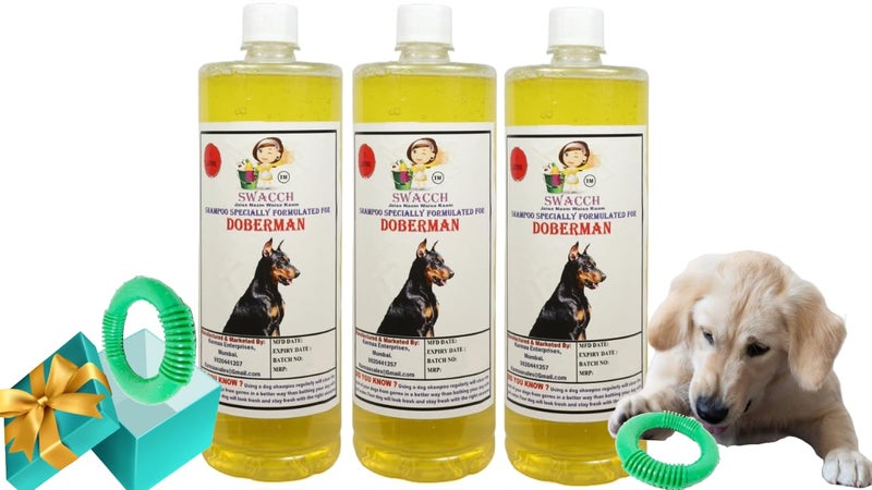 swacch Shampoo | Puppy Safe Shampoo | PH Balanced | Doberman Dog Shampoo 1 Litre Pack of 3 Lemon + | O PVC Ring Rubber Chew Toy | Teething Chew Toy I Dental Teething I Durable I Combo Pack - Image 1