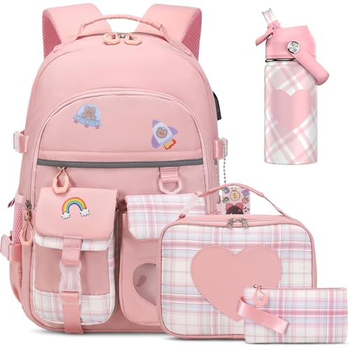 ACESAK Backpack for Girls with Insulated Water Bottle Bookbag Backpack for Girls Kids 14oz Kids Water Bottle Stainless Steel Lunch Bag Pencial Case Back To School Gift Pink - Image 1