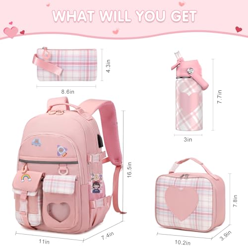 ACESAK Backpack for Girls with Insulated Water Bottle Bookbag Backpack for Girls Kids 14oz Kids Water Bottle Stainless Steel Lunch Bag Pencial Case Back To School Gift Pink - Image 3