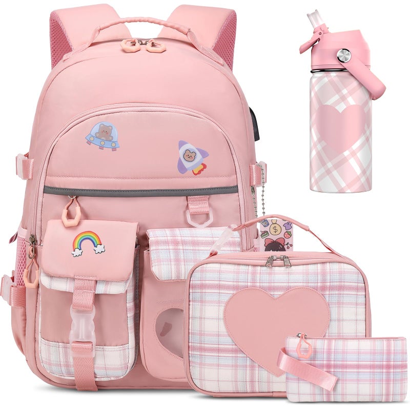 ACESAK Backpack for Girls with Insulated Water Bottle Bookbag Backpack for Girls Kids 14oz Kids Water Bottle Stainless Steel Lunch Bag Pencial Case Back To School Gift Pink - Image 2