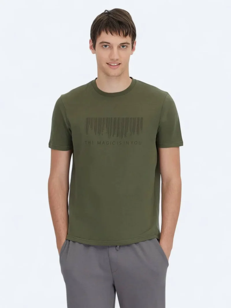 Kip Khaki Printed Crew Neck 100% Cotton T-Shirt