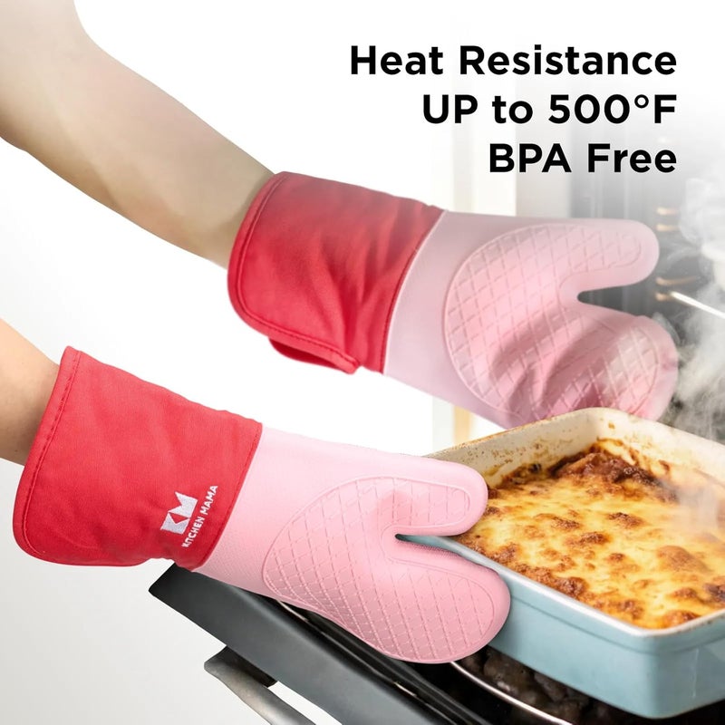 Kitchen Mama UltraShield Silicone Oven Mitts – Heat Resistant, Non-Slip Surface, Durable, Safe, Pot Holders, Flexible Waterproof Glove Set, Perfect for Cooking, Baking, Grilling, BBQ (Red) - Image 3