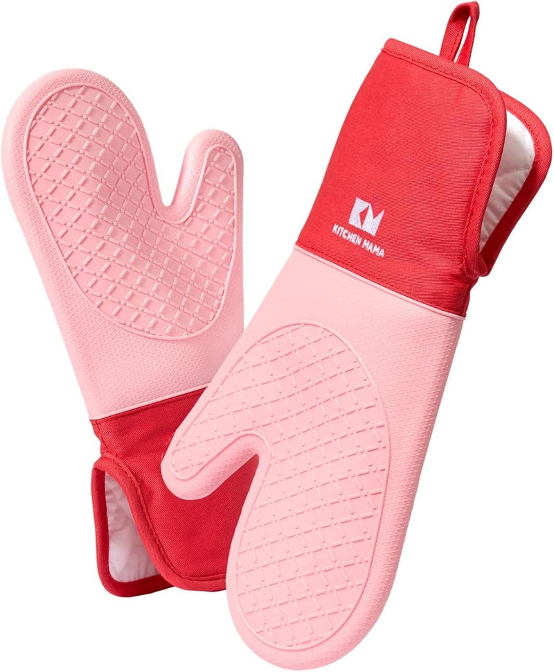 Kitchen Mama UltraShield Silicone Oven Mitts – Heat Resistant, Non-Slip Surface, Durable, Safe, Pot Holders, Flexible Waterproof Glove Set, Perfect for Cooking, Baking, Grilling, BBQ (Red) - Image 1
