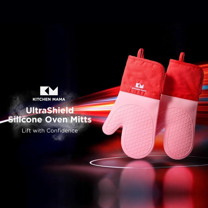 Kitchen Mama UltraShield Silicone Oven Mitts – Heat Resistant, Non-Slip Surface, Durable, Safe, Pot Holders, Flexible Waterproof Glove Set, Perfect for Cooking, Baking, Grilling, BBQ (Red) - Image 2