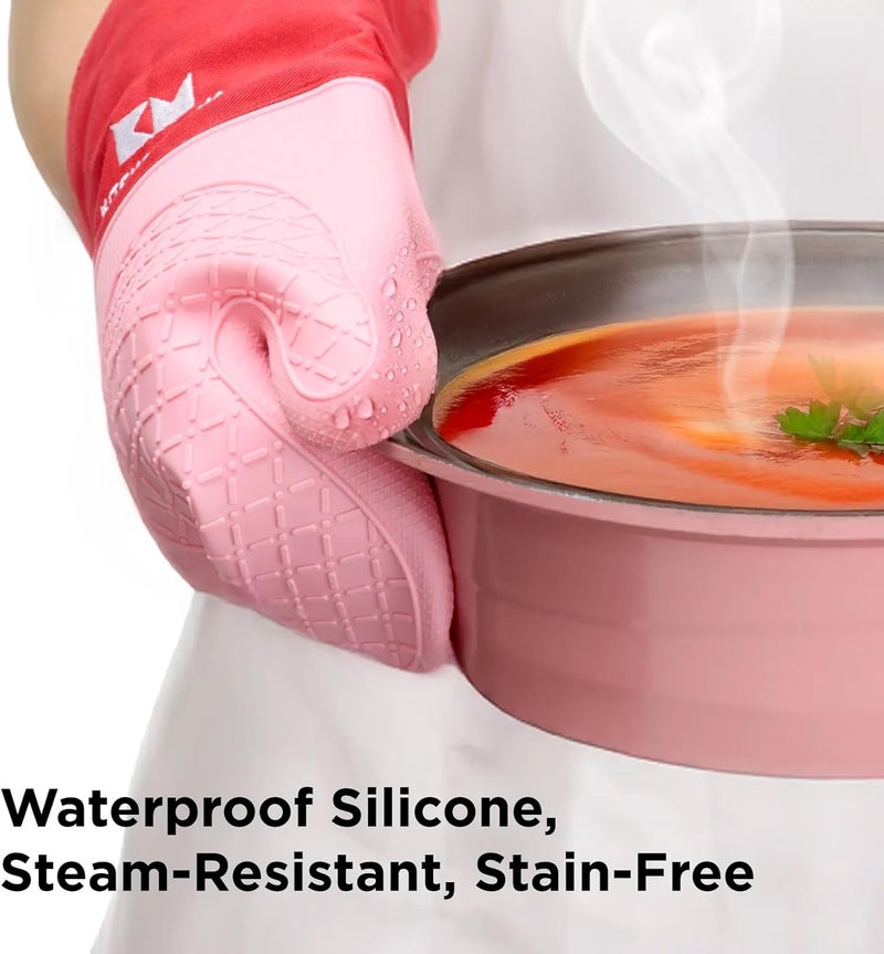 Kitchen Mama UltraShield Silicone Oven Mitts – Heat Resistant, Non-Slip Surface, Durable, Safe, Pot Holders, Flexible Waterproof Glove Set, Perfect for Cooking, Baking, Grilling, BBQ (Red) - Image 5