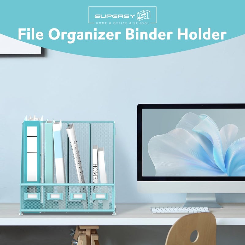 SUPEASY Magazine File Holder Desk Organizer, Metal Binder Holder with 4 Vertical Compartments for Office Home School, Blue Plus - Image 2
