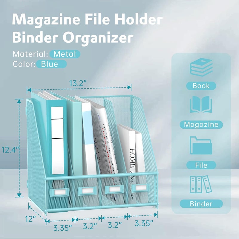 SUPEASY Magazine File Holder Desk Organizer, Metal Binder Holder with 4 Vertical Compartments for Office Home School, Blue Plus - Image 3