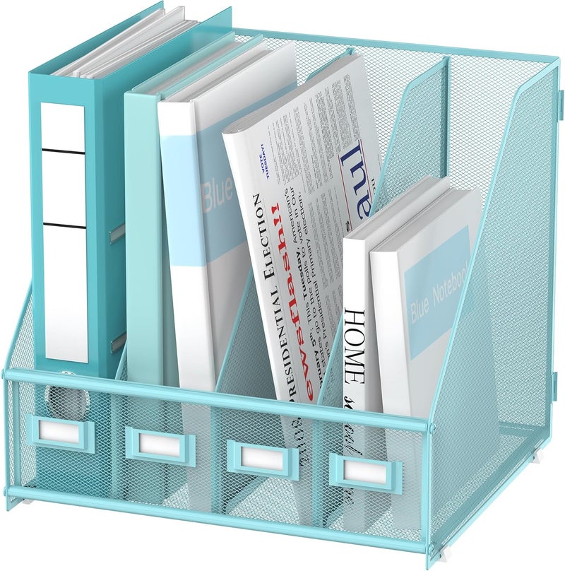 SUPEASY Magazine File Holder Desk Organizer, Metal Binder Holder with 4 Vertical Compartments for Office Home School, Blue Plus - Image 1