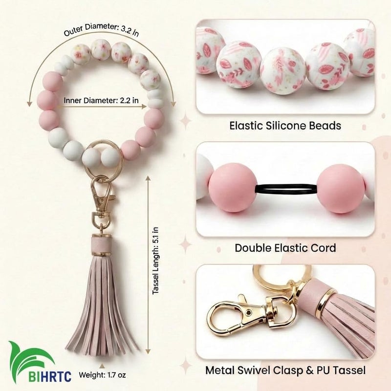 BIHRTC Silicone Key Ring Bracelet Wrist for Women Silicone Wristlet Keychains Bead Keyring Bracelets Wristlet Keys Chain with Leather Tassel Silicone Beaded Bangle Chains - Image 2