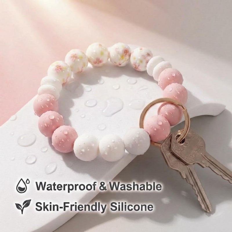BIHRTC Silicone Key Ring Bracelet Wrist for Women Silicone Wristlet Keychains Bead Keyring Bracelets Wristlet Keys Chain with Leather Tassel Silicone Beaded Bangle Chains - Image 3